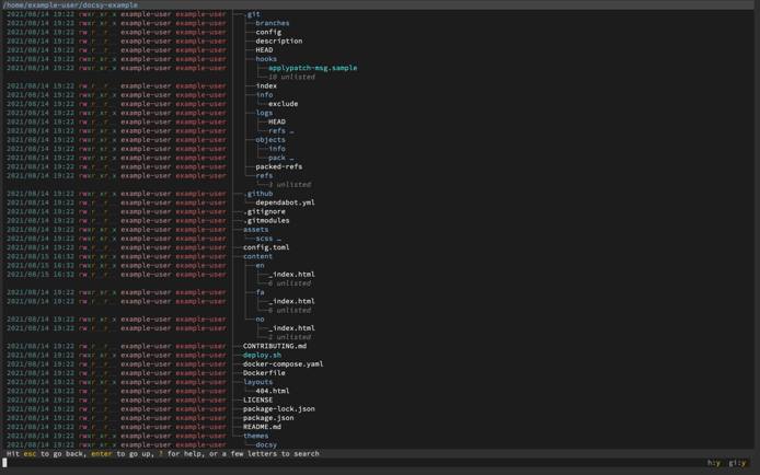 A broot directory tree with the details of ls -al