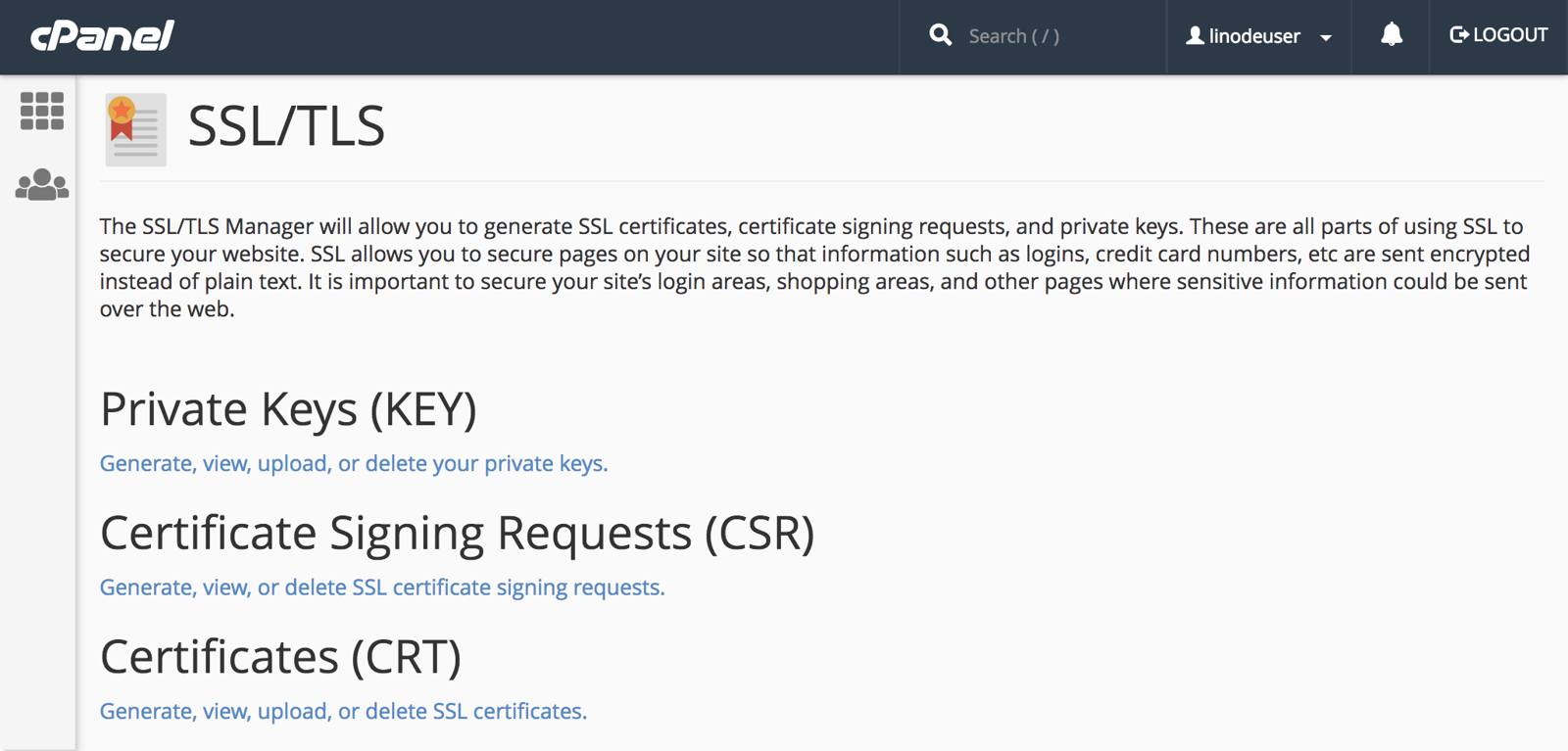 cPanel SSL/TLS Page