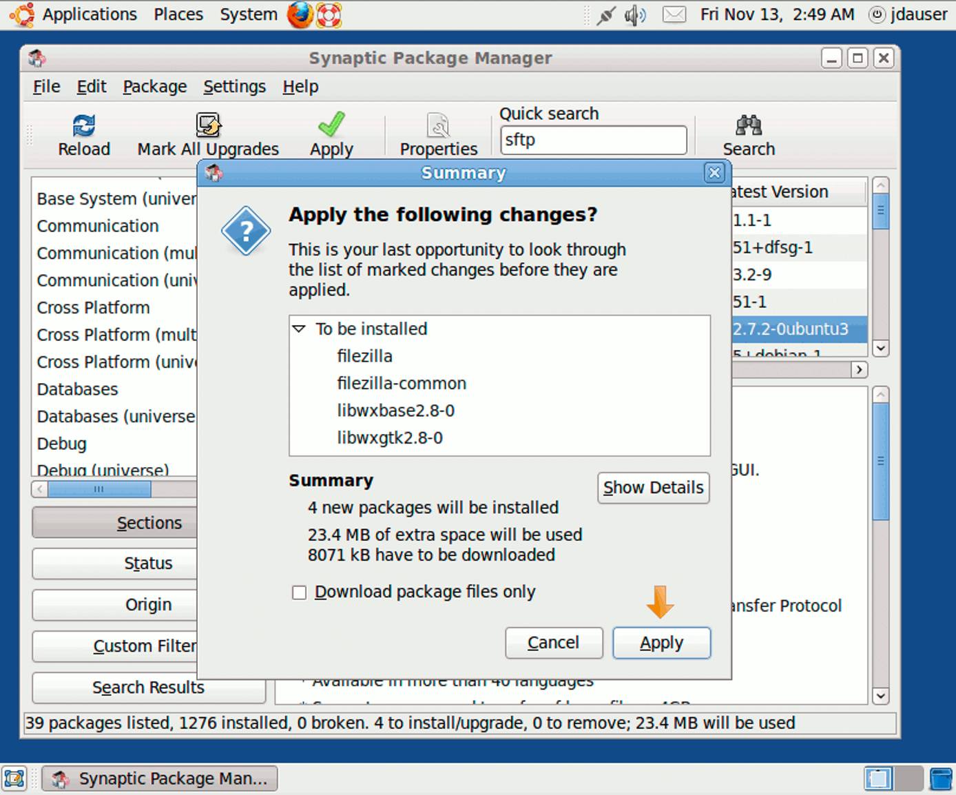 Confirming package installation in Synaptic on Ubuntu 9.10 desktop edition.