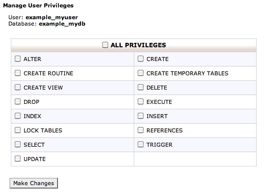 cPanel manage databases screen.