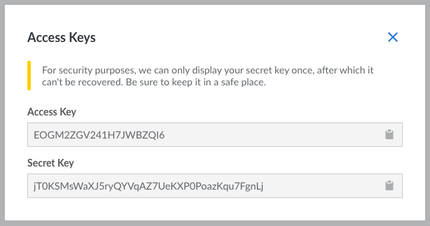 The access key and secret key displayed within the Cloud Manager